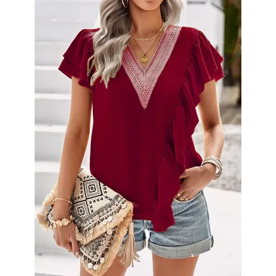 Applique Split-Joint Loose Short Sleeves V-Neck T-Shirts Tops Applique Split-Joint Loose Short Sleeves V-Neck T-Shirts Tops