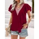 Applique Split-Joint Loose Short Sleeves V-Neck T-Shirts Tops Applique Split-Joint Loose Short Sleeves V-Neck T-Shirts Tops