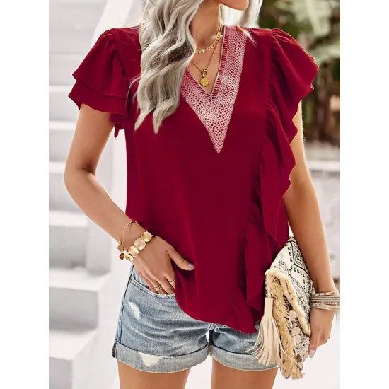 Applique Split-Joint Loose Short Sleeves V-Neck T-Shirts Tops Applique Split-Joint Loose Short Sleeves V-Neck T-Shirts Tops