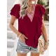 Applique Split-Joint Loose Short Sleeves V-Neck T-Shirts Tops Applique Split-Joint Loose Short Sleeves V-Neck T-Shirts Tops