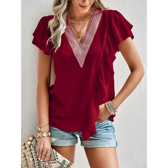 Applique Split-Joint Loose Short Sleeves V-Neck T-Shirts Tops Applique Split-Joint Loose Short Sleeves V-Neck T-Shirts Tops