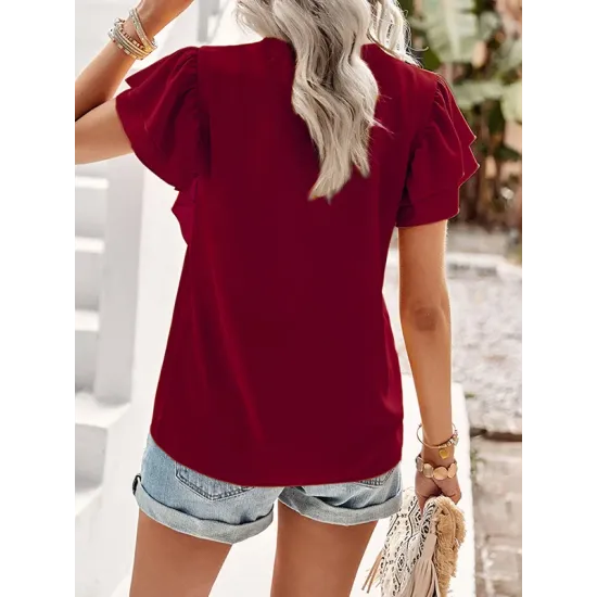 Applique Split-Joint Loose Short Sleeves V-Neck T-Shirts Tops Applique Split-Joint Loose Short Sleeves V-Neck T-Shirts Tops