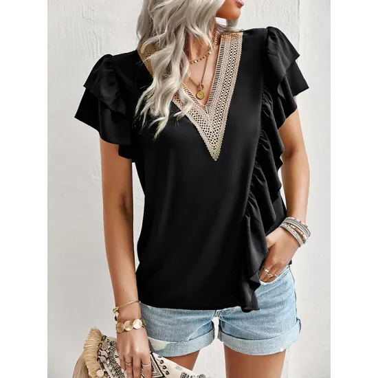 Applique Split-Joint Loose Short Sleeves V-Neck T-Shirts Tops Applique Split-Joint Loose Short Sleeves V-Neck T-Shirts Tops