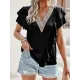 Applique Split-Joint Loose Short Sleeves V-Neck T-Shirts Tops Applique Split-Joint Loose Short Sleeves V-Neck T-Shirts Tops