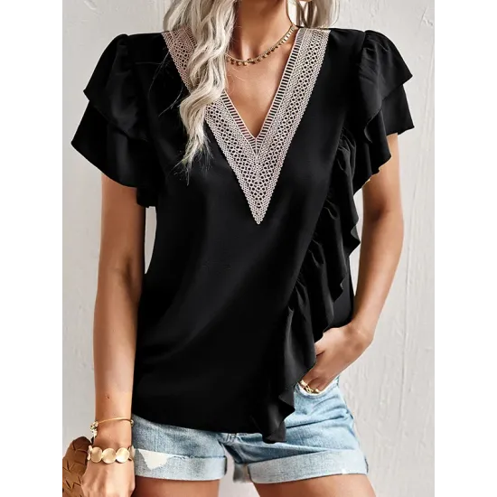 Applique Split-Joint Loose Short Sleeves V-Neck T-Shirts Tops Applique Split-Joint Loose Short Sleeves V-Neck T-Shirts Tops