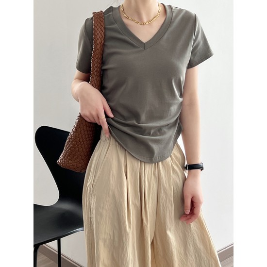 Solid Color Irregular clipping Short Sleeves V-neck T-Shirts Tops Solid Color Irregular clipping Short Sleeves V-neck T-Shirts Tops