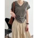 Solid Color Irregular clipping Short Sleeves V-neck T-Shirts Tops Solid Color Irregular clipping Short Sleeves V-neck T-Shirts Tops