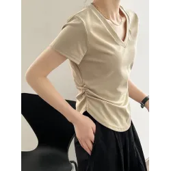 Solid Color Irregular clipping Short Sleeves V-neck T-Shirts Tops
