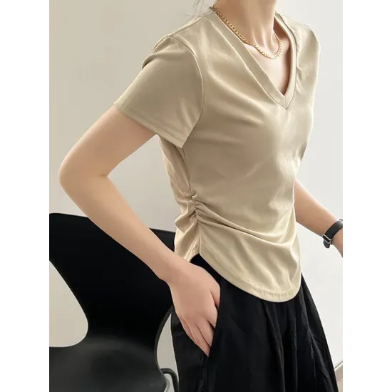 Solid Color Irregular clipping Short Sleeves V-neck T-Shirts Tops Solid Color Irregular clipping Short Sleeves V-neck T-Shirts Tops