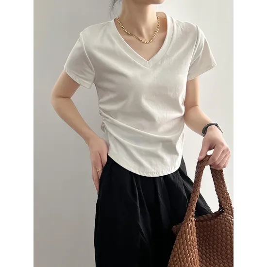 Solid Color Irregular clipping Short Sleeves V-neck T-Shirts Tops Solid Color Irregular clipping Short Sleeves V-neck T-Shirts Tops