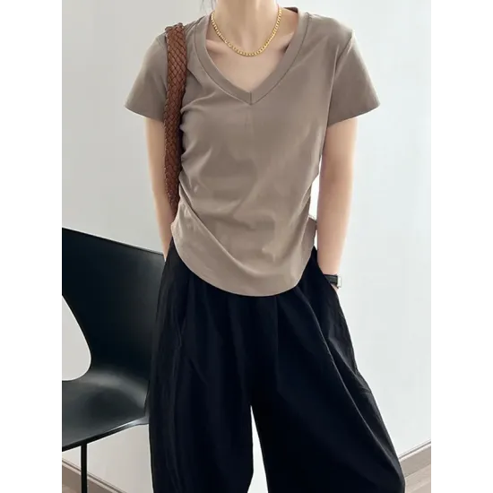 Solid Color Irregular clipping Short Sleeves V-neck T-Shirts Tops Solid Color Irregular clipping Short Sleeves V-neck T-Shirts Tops