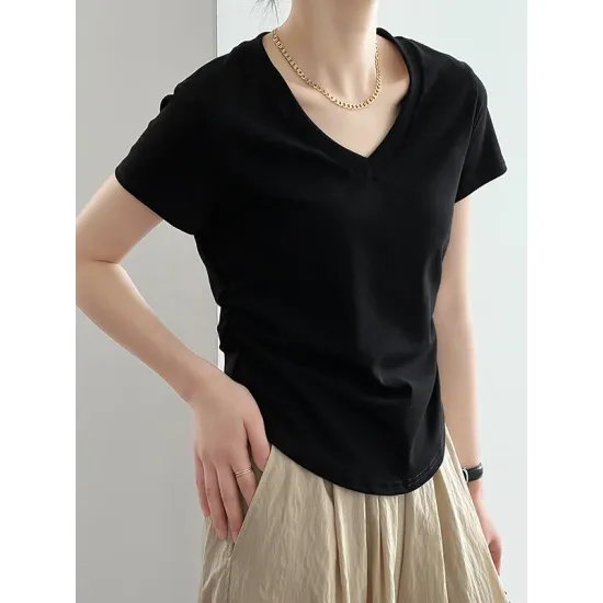 Solid Color Irregular clipping Short Sleeves V-neck T-Shirts Tops Solid Color Irregular clipping Short Sleeves V-neck T-Shirts Tops