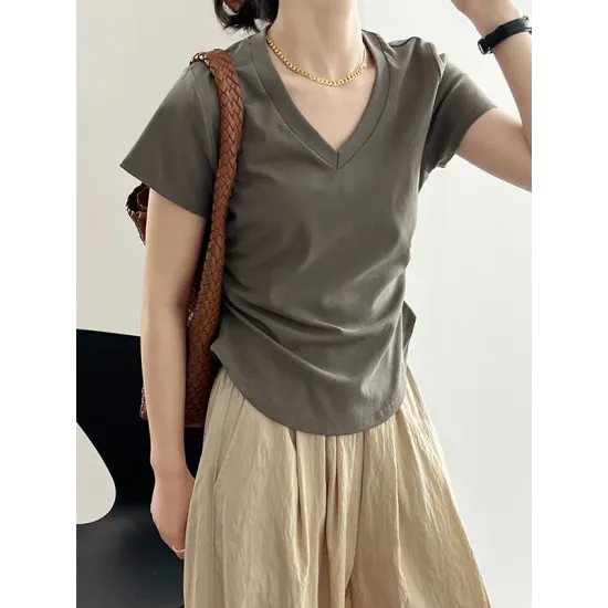 Solid Color Irregular clipping Short Sleeves V-neck T-Shirts Tops Solid Color Irregular clipping Short Sleeves V-neck T-Shirts Tops