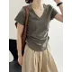 Solid Color Irregular clipping Short Sleeves V-neck T-Shirts Tops Solid Color Irregular clipping Short Sleeves V-neck T-Shirts Tops