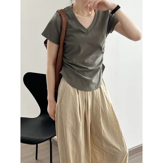 Solid Color Irregular clipping Short Sleeves V-neck T-Shirts Tops Solid Color Irregular clipping Short Sleeves V-neck T-Shirts Tops
