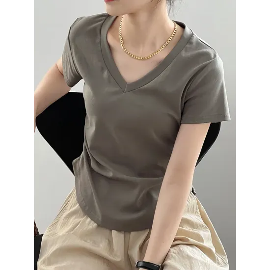 Solid Color Irregular clipping Short Sleeves V-neck T-Shirts Tops Solid Color Irregular clipping Short Sleeves V-neck T-Shirts Tops