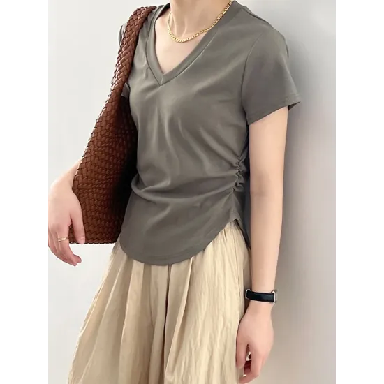 Solid Color Irregular clipping Short Sleeves V-neck T-Shirts Tops Solid Color Irregular clipping Short Sleeves V-neck T-Shirts Tops