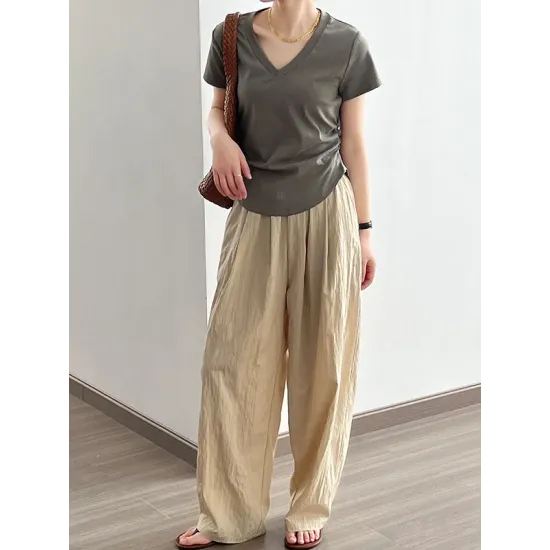 Solid Color Irregular clipping Short Sleeves V-neck T-Shirts Tops Solid Color Irregular clipping Short Sleeves V-neck T-Shirts Tops