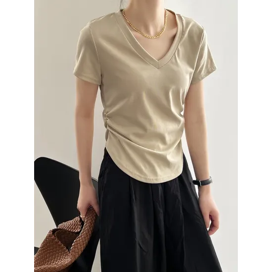 Solid Color Irregular clipping Short Sleeves V-neck T-Shirts Tops Solid Color Irregular clipping Short Sleeves V-neck T-Shirts Tops