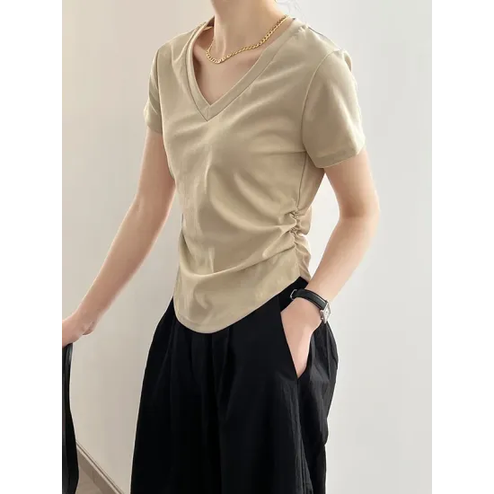 Solid Color Irregular clipping Short Sleeves V-neck T-Shirts Tops Solid Color Irregular clipping Short Sleeves V-neck T-Shirts Tops