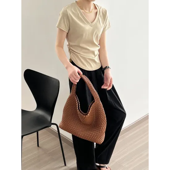 Solid Color Irregular clipping Short Sleeves V-neck T-Shirts Tops Solid Color Irregular clipping Short Sleeves V-neck T-Shirts Tops