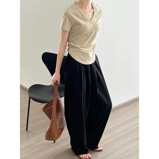 Solid Color Irregular clipping Short Sleeves V-neck T-Shirts Tops Solid Color Irregular clipping Short Sleeves V-neck T-Shirts Tops