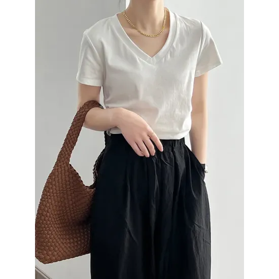 Solid Color Irregular clipping Short Sleeves V-neck T-Shirts Tops Solid Color Irregular clipping Short Sleeves V-neck T-Shirts Tops