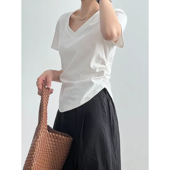 Solid Color Irregular clipping Short Sleeves V-neck T-Shirts Tops Solid Color Irregular clipping Short Sleeves V-neck T-Shirts Tops