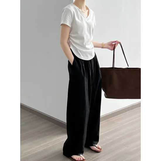 Solid Color Irregular clipping Short Sleeves V-neck T-Shirts Tops Solid Color Irregular clipping Short Sleeves V-neck T-Shirts Tops