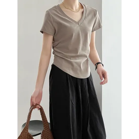 Solid Color Irregular clipping Short Sleeves V-neck T-Shirts Tops Solid Color Irregular clipping Short Sleeves V-neck T-Shirts Tops