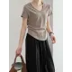 Solid Color Irregular clipping Short Sleeves V-neck T-Shirts Tops Solid Color Irregular clipping Short Sleeves V-neck T-Shirts Tops
