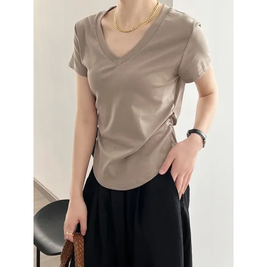 Solid Color Irregular clipping Short Sleeves V-neck T-Shirts Tops Solid Color Irregular clipping Short Sleeves V-neck T-Shirts Tops