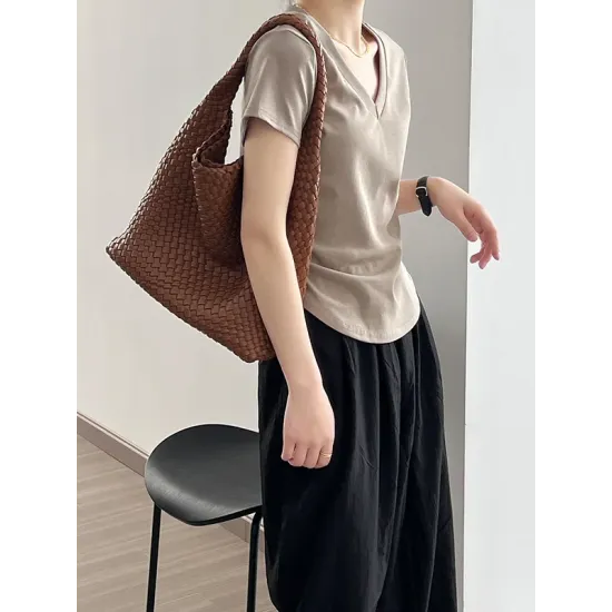 Solid Color Irregular clipping Short Sleeves V-neck T-Shirts Tops Solid Color Irregular clipping Short Sleeves V-neck T-Shirts Tops