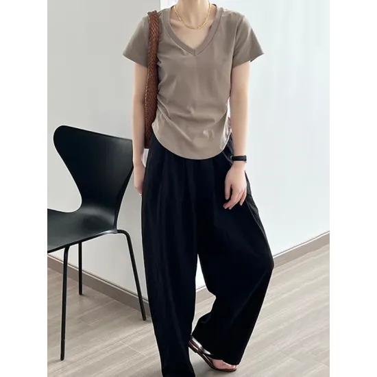 Solid Color Irregular clipping Short Sleeves V-neck T-Shirts Tops Solid Color Irregular clipping Short Sleeves V-neck T-Shirts Tops