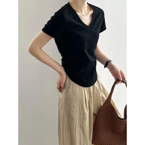 Solid Color Irregular clipping Short Sleeves V-neck T-Shirts Tops Solid Color Irregular clipping Short Sleeves V-neck T-Shirts Tops