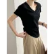 Solid Color Irregular clipping Short Sleeves V-neck T-Shirts Tops Solid Color Irregular clipping Short Sleeves V-neck T-Shirts Tops