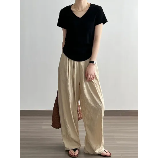 Solid Color Irregular clipping Short Sleeves V-neck T-Shirts Tops Solid Color Irregular clipping Short Sleeves V-neck T-Shirts Tops