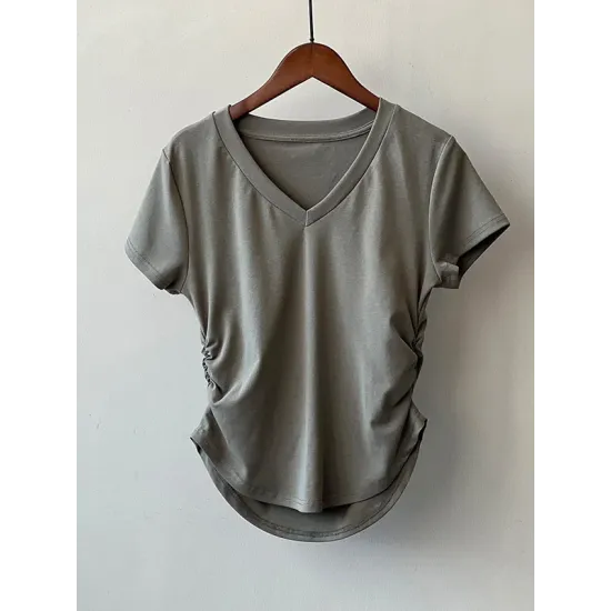 Solid Color Irregular clipping Short Sleeves V-neck T-Shirts Tops Solid Color Irregular clipping Short Sleeves V-neck T-Shirts Tops