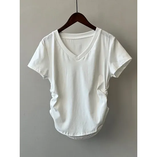 Solid Color Irregular clipping Short Sleeves V-neck T-Shirts Tops Solid Color Irregular clipping Short Sleeves V-neck T-Shirts Tops
