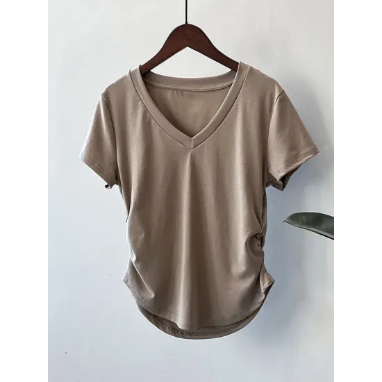Solid Color Irregular clipping Short Sleeves V-neck T-Shirts Tops Solid Color Irregular clipping Short Sleeves V-neck T-Shirts Tops