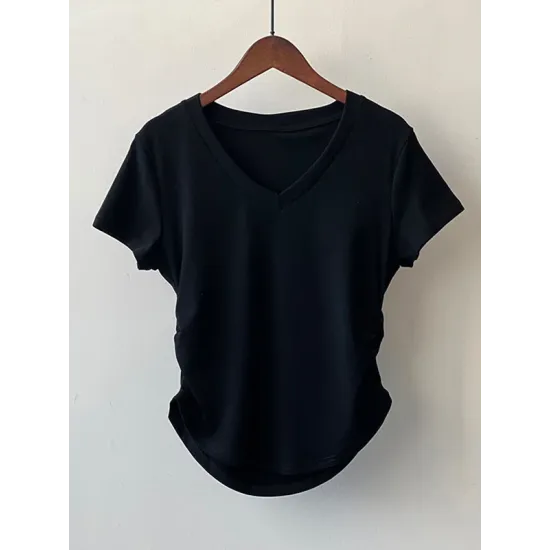 Solid Color Irregular clipping Short Sleeves V-neck T-Shirts Tops Solid Color Irregular clipping Short Sleeves V-neck T-Shirts Tops