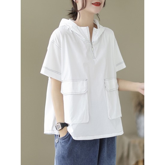 Zipper Loose Short Sleeves Hooded T-Shirts Tops Zipper Loose Short Sleeves Hooded T-Shirts Tops