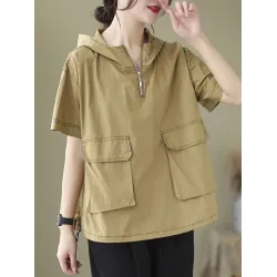 Zipper Loose Short Sleeves Hooded T-Shirts Tops