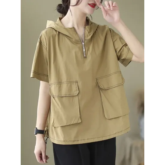 Zipper Loose Short Sleeves Hooded T-Shirts Tops Zipper Loose Short Sleeves Hooded T-Shirts Tops