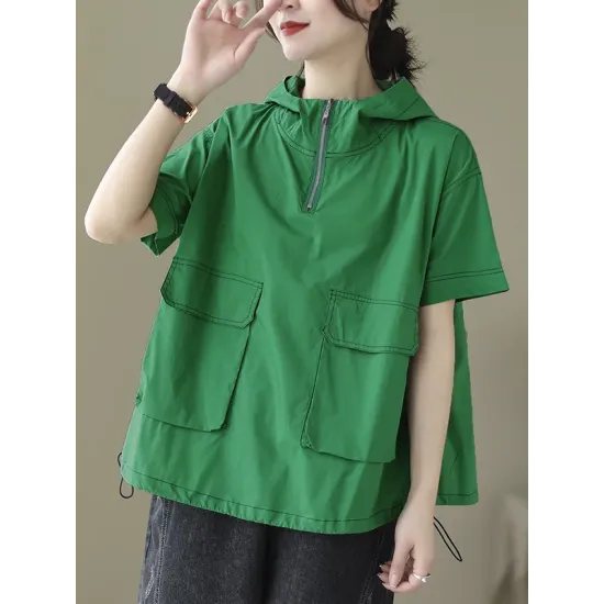 Zipper Loose Short Sleeves Hooded T-Shirts Tops Zipper Loose Short Sleeves Hooded T-Shirts Tops