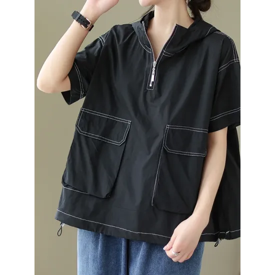 Zipper Loose Short Sleeves Hooded T-Shirts Tops Zipper Loose Short Sleeves Hooded T-Shirts Tops
