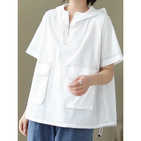 Zipper Loose Short Sleeves Hooded T-Shirts Tops Zipper Loose Short Sleeves Hooded T-Shirts Tops