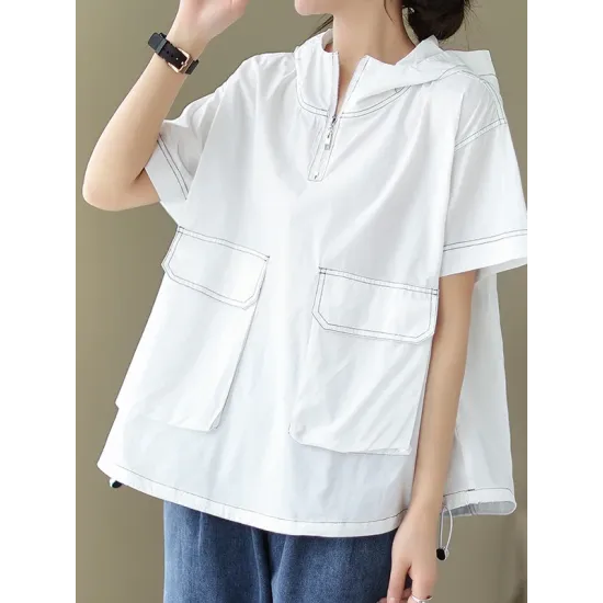 Zipper Loose Short Sleeves Hooded T-Shirts Tops Zipper Loose Short Sleeves Hooded T-Shirts Tops