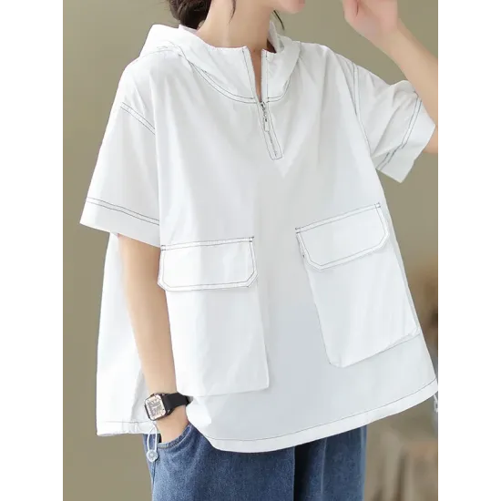 Zipper Loose Short Sleeves Hooded T-Shirts Tops Zipper Loose Short Sleeves Hooded T-Shirts Tops