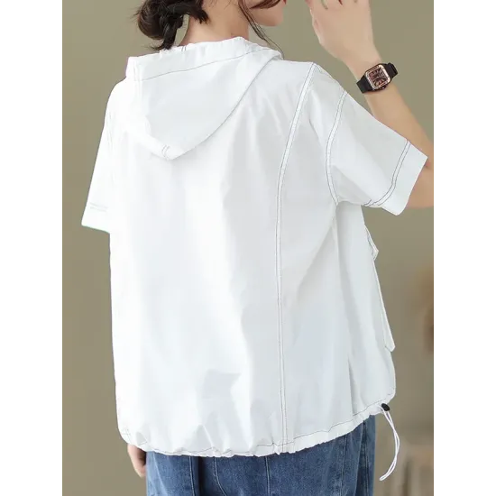 Zipper Loose Short Sleeves Hooded T-Shirts Tops Zipper Loose Short Sleeves Hooded T-Shirts Tops